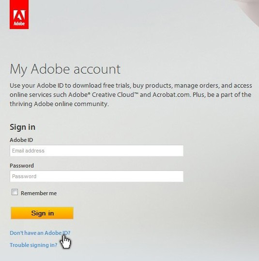 Бутон "Създаване на регистрация" в Adobe.com